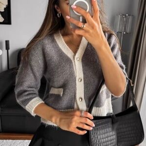 ZARA WOMAN GRAY / BEIGE KNIT CARDIGAN WITH CONTRAST TRIMS M